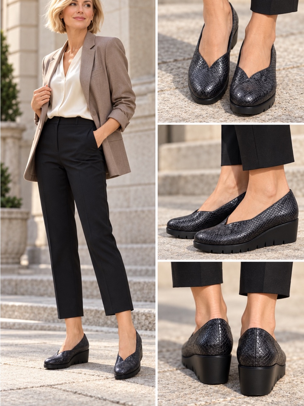 Women's Black & Gray leather Croc-Texture Wedge Loafers